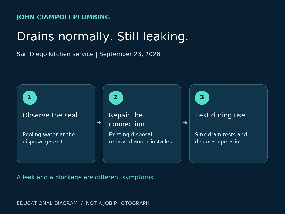 Educational diagram separating a disposal connection leak from a drain-flow symptom.